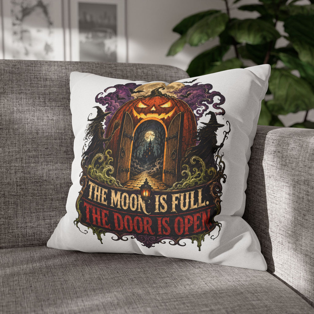 Halloween Pumpkin Door Pillowcase - "The Moon Is Full, The Door Is Open" Spun Polyester Throw Pillow