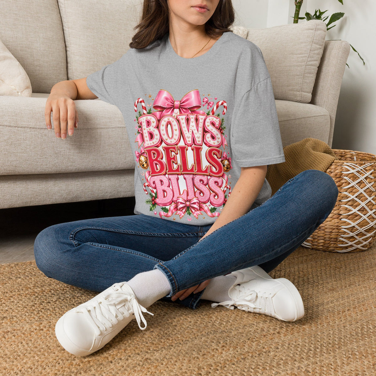Bows Bells Bliss Christmas T‑Shirt — Pink Holiday Bow Graphic