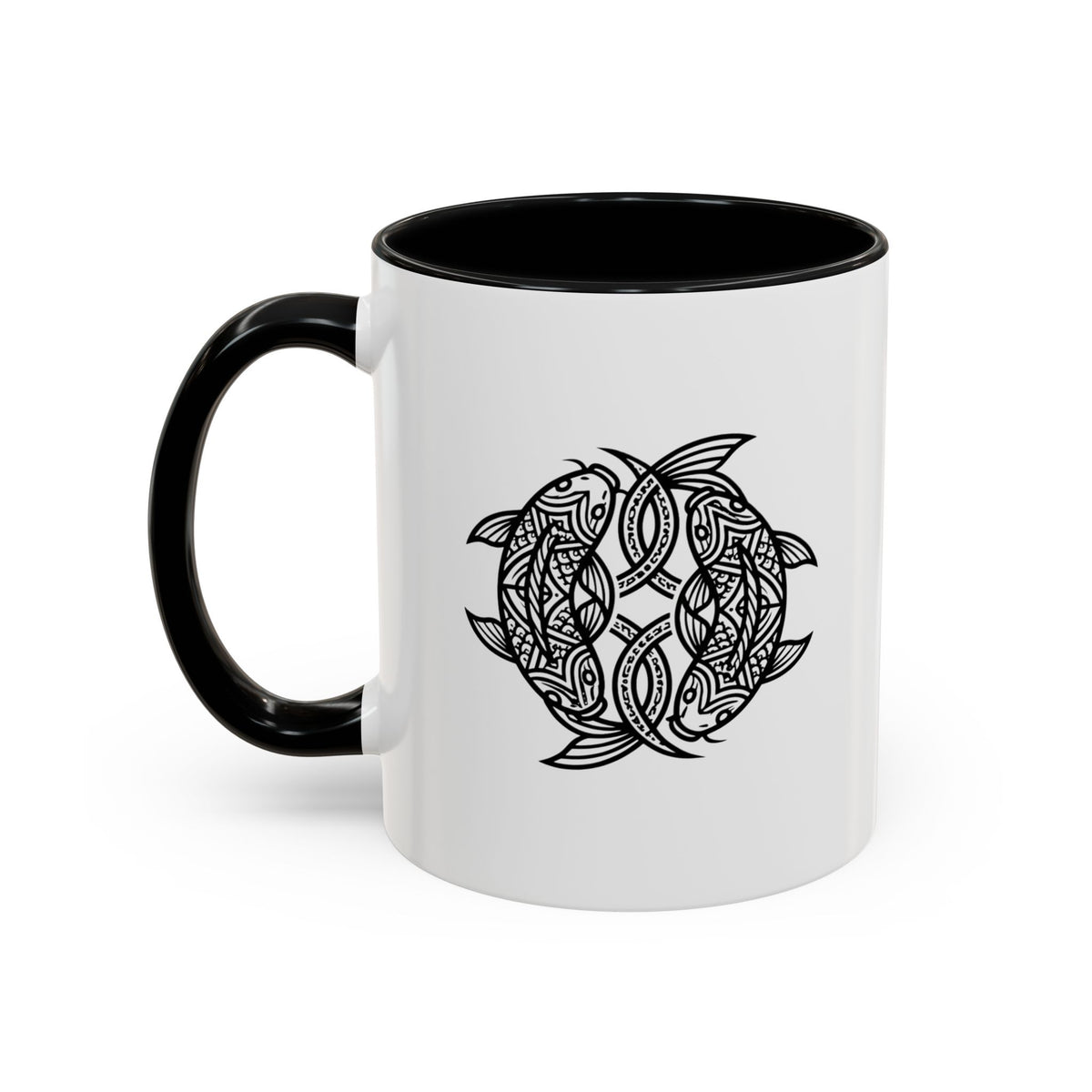 Pisces Zodiac Turtle Mandala Accent Coffee Mug – Black Interior & Handle, Intricate Tribal Sea Turtle Design