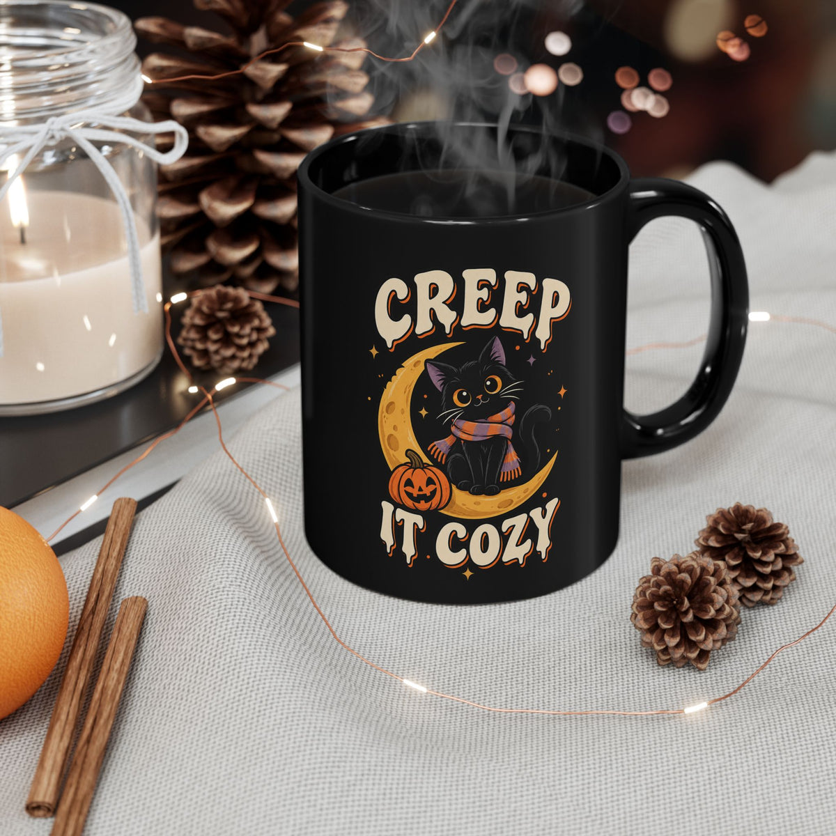 Creep It Cozy Black Mug — Halloween Cat Moon Coffee Cup (11oz & 15oz)