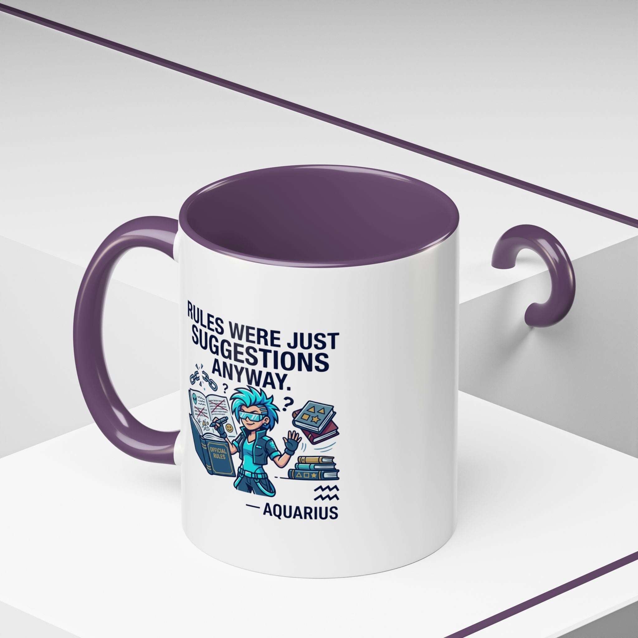 Aquarius Coffee Mug — "Rules Were Just Suggestions Anyway" Funny Zodiac Accent Mug 11oz