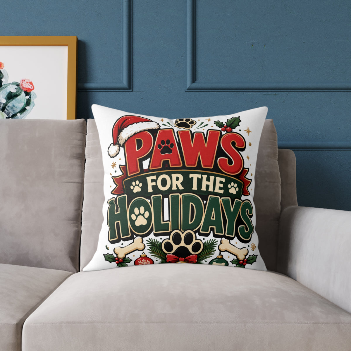 Christmas Paws for the Holidays Square Pillow — Festive Pet Christmas Decor