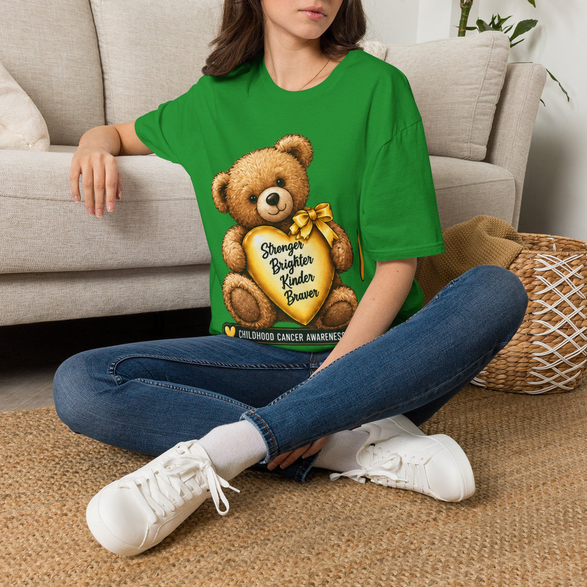 Childhood Cancer Awareness Teddy T-Shirt — "Stronger Brighter Kinder Braver"