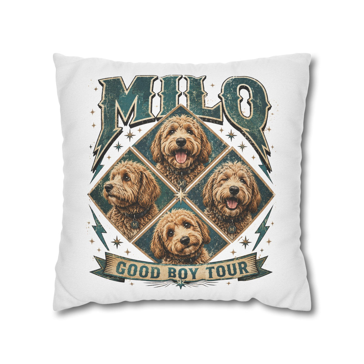 Milo “Good Boy Tour” Dog Photo Square Pillowcase Milo Bailey Dog Dad Mom