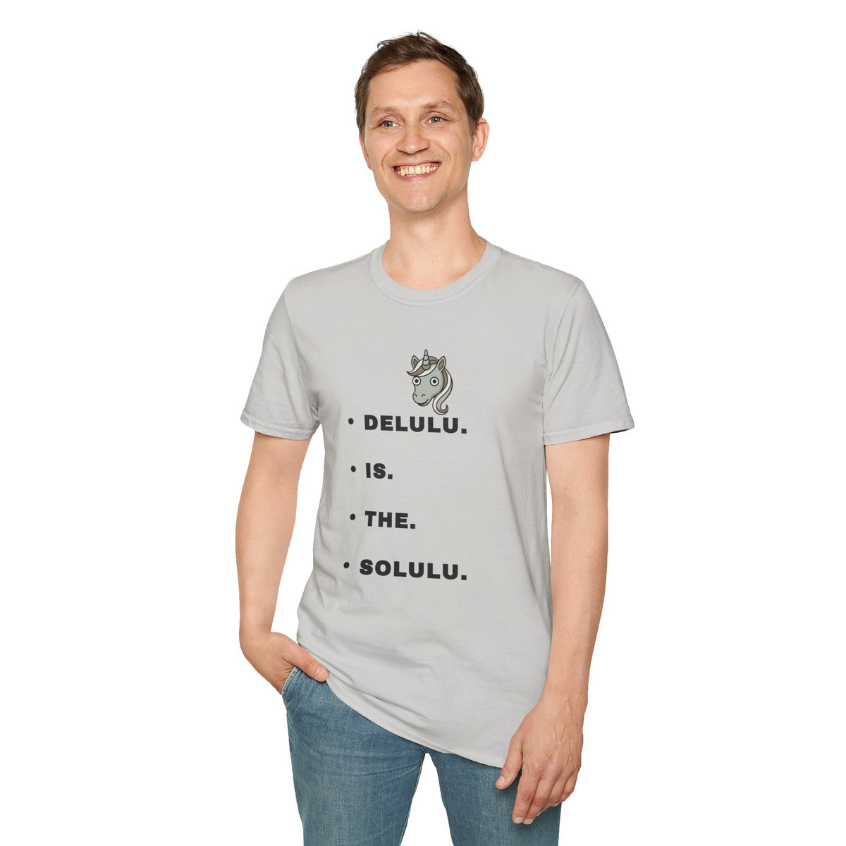 T-Shirt — Minimalist Unicorn Graphic Tee with "DELULU" Text - Trending Now - September 2026