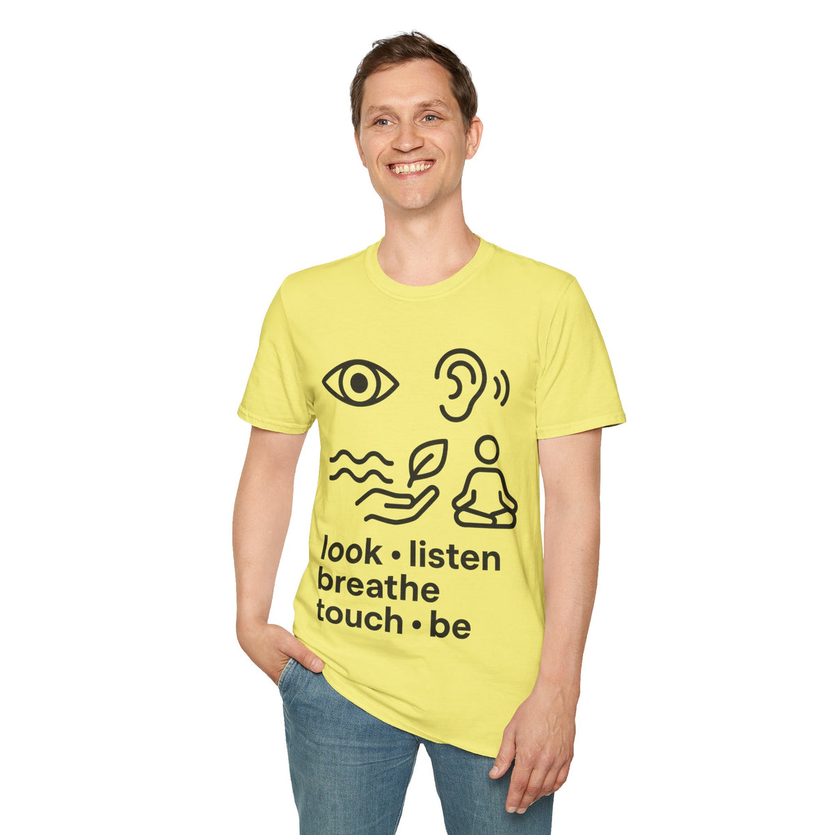 "Look Listen Breathe" Five Senses Mindfulness Tee - Minimalist Aesthetic Wellness White T-Shirt - Trending Now - September 2026