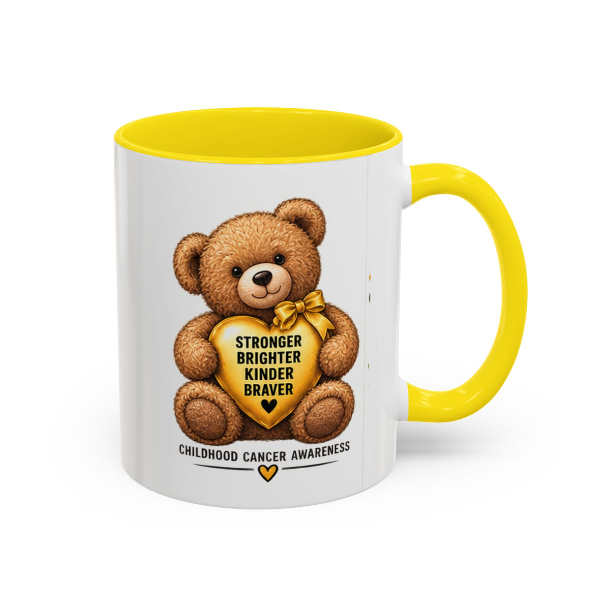 Childhood Cancer Awareness Coffee Mug — 'Stronger Brighter Kinder Braver' Teddy