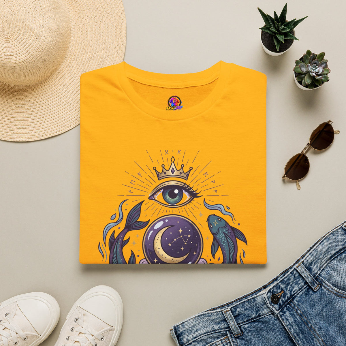 Pisces Mystic Eye T-Shirt — Witchy Astrology Moon & Crown Design