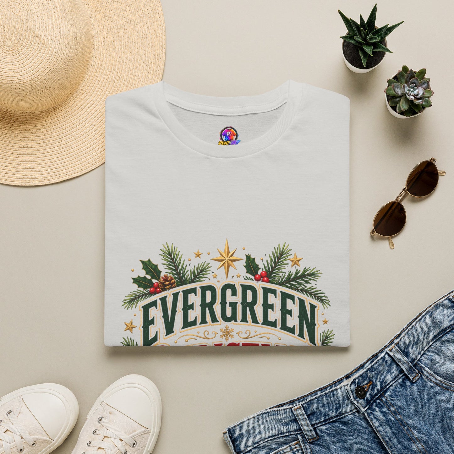 Evergreen Christmas Club T-Shirt — Vintage Holiday Pine & Ornaments Tee