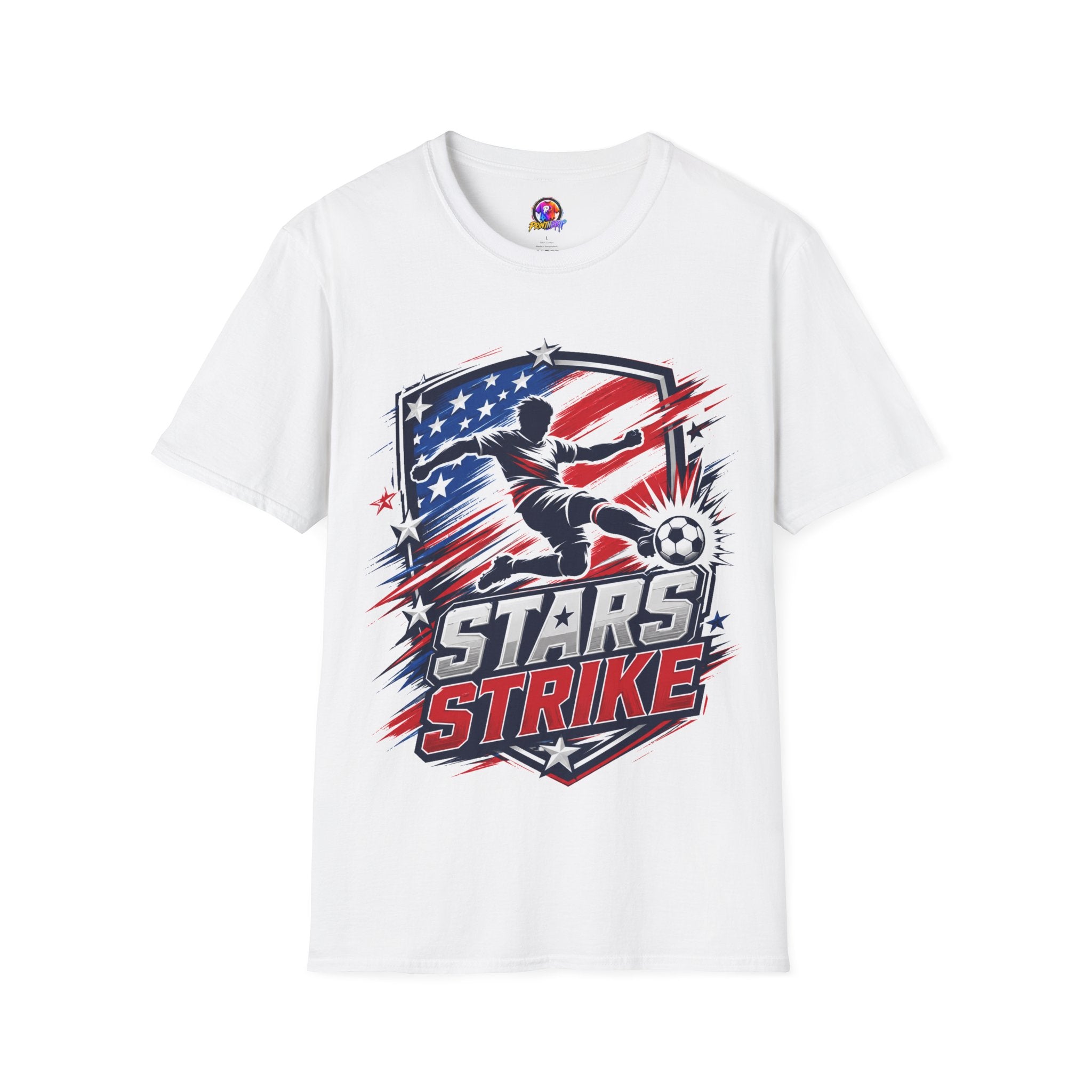 USA Soccer Stars Strike T‑Shirt — American Flag Soccer Player Graphic