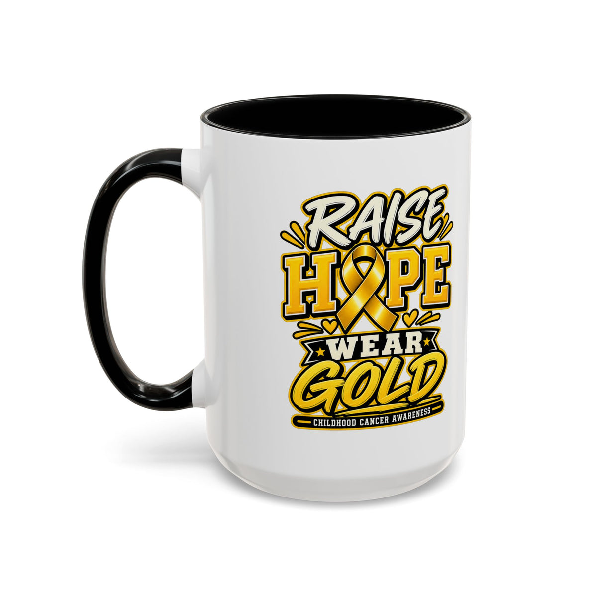 Raise Hope Wear Gold Cancer Awareness Coffee Mug (Accent, 11/15oz)