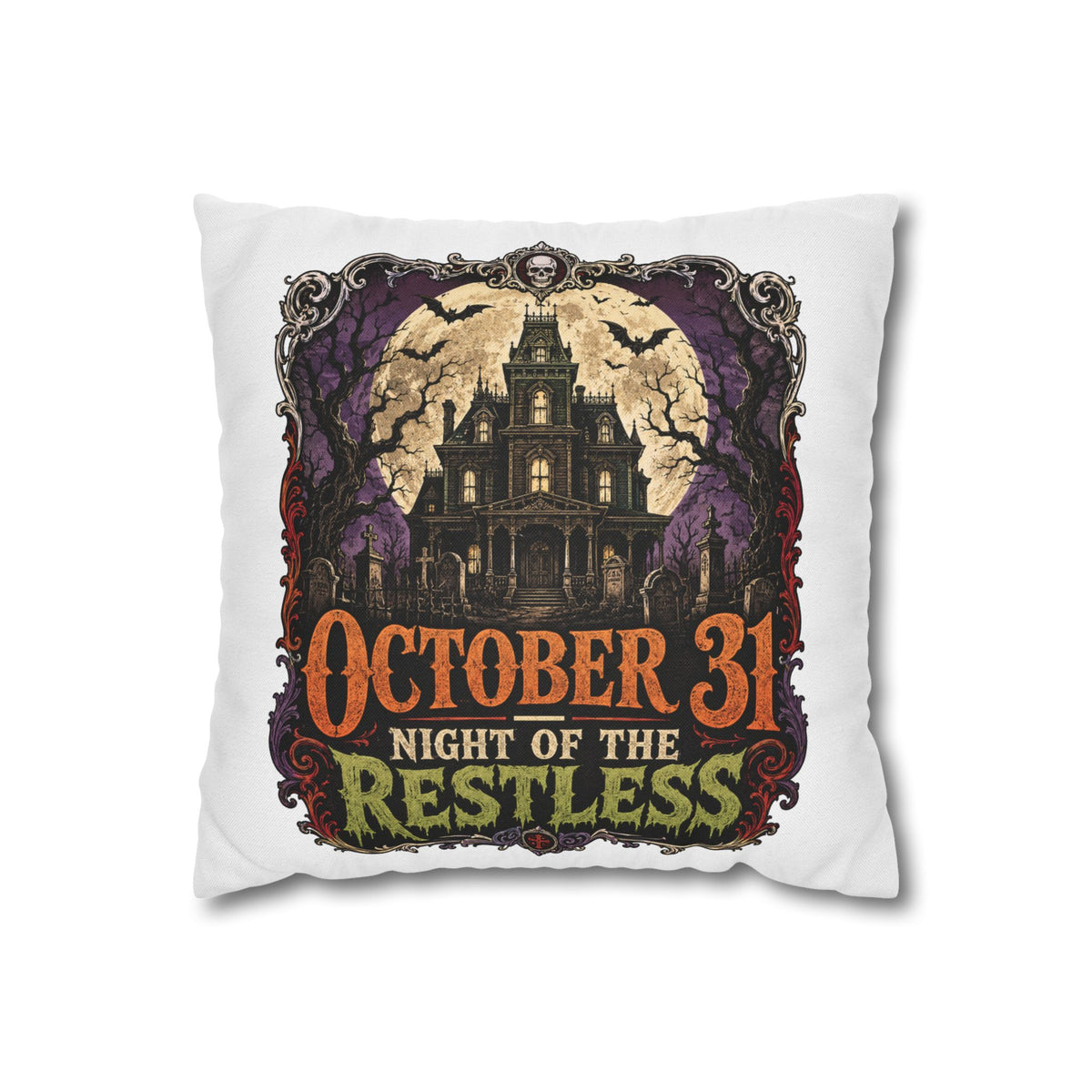 Halloween Pillowcase — "October 31 Night of the Restless" Haunted House Throw Pillow