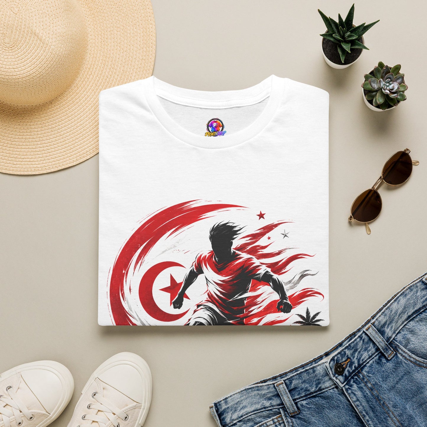 Tunisia Carthage Fire Soccer T-Shirt — Red Crescent Football Fan Tee