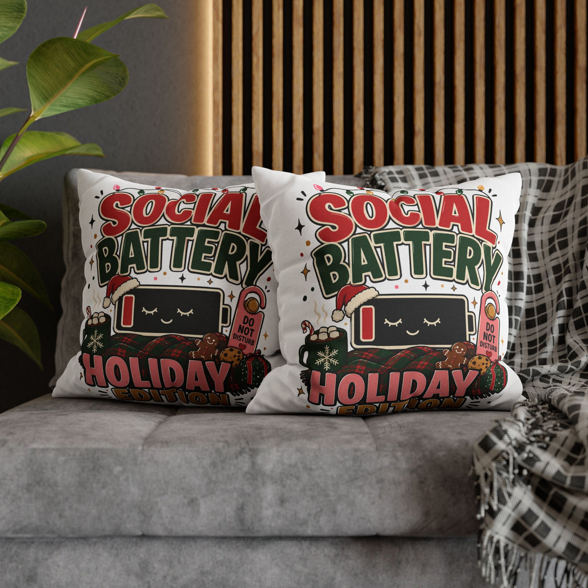 Social Battery Holiday Pillowcase  Modern Day Christmas — Cute Rechargeable Battery Christmas Throw Pillow Cover
