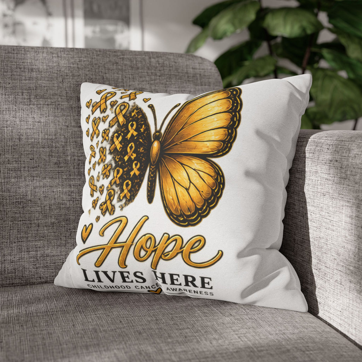 Childhood Cancer Awareness Pillow – "Hope Lives Here" Gold Ribbon Butterfly Square Pillowcase