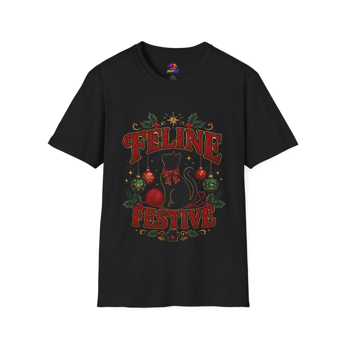 Feline Festive T-Shirt — Cute Black Cat Christmas Holiday Tee