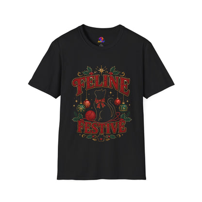 Feline Festive T-Shirt — Cute Black Cat Christmas Holiday Tee