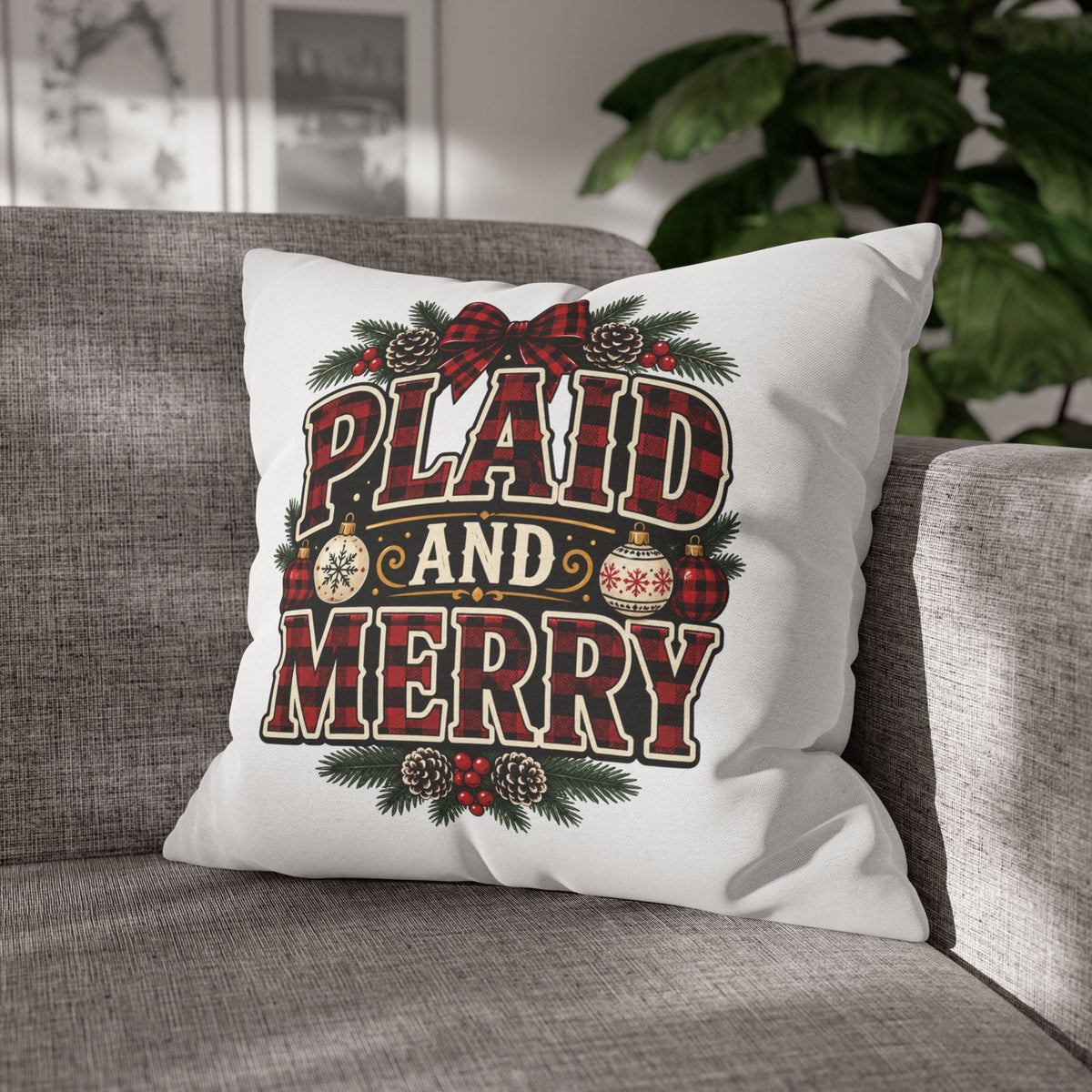 Plaid and Merry Christmas Throw Pillowcase — Festive Buffalo Plaid Holiday Decor