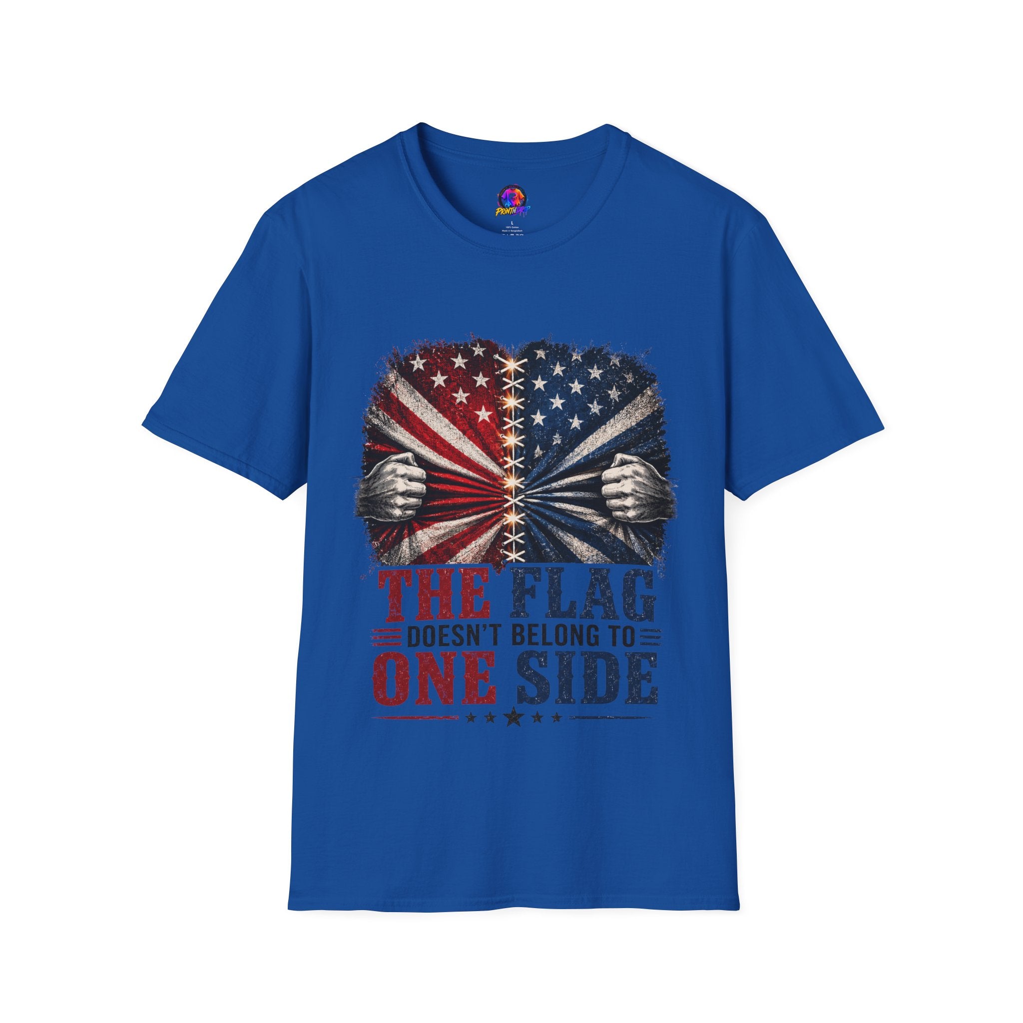 T-Shirt — "The Flag Doesn't Belong to One Side" Distressed American Flag Graphic