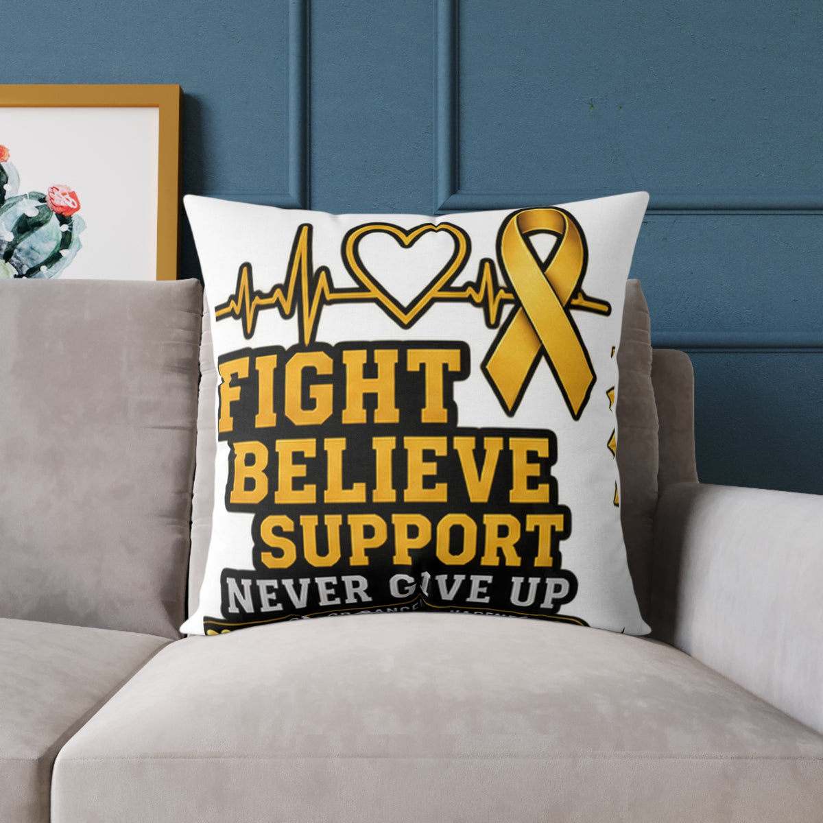 Childhood Cancer Awareness Pillow - "Fight Believe Support Never Give Up" Gold Ribbon Accent