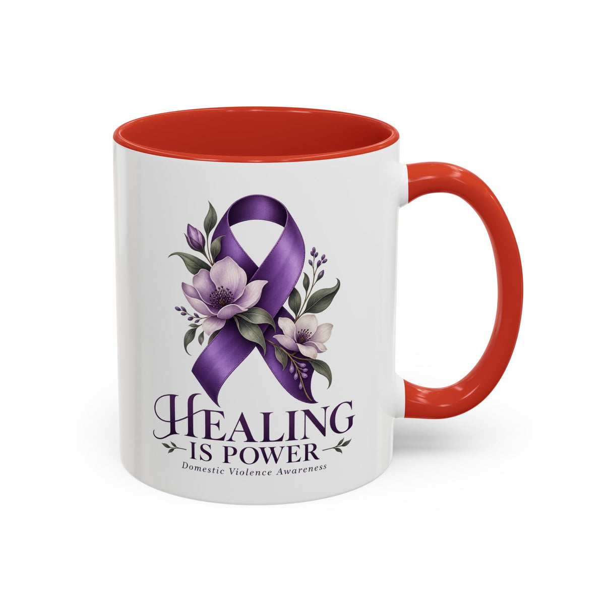 Healing Is Power Purple Ribbon Coffee Mug — Domestic Violence Awareness Accent Mug (11/15oz)