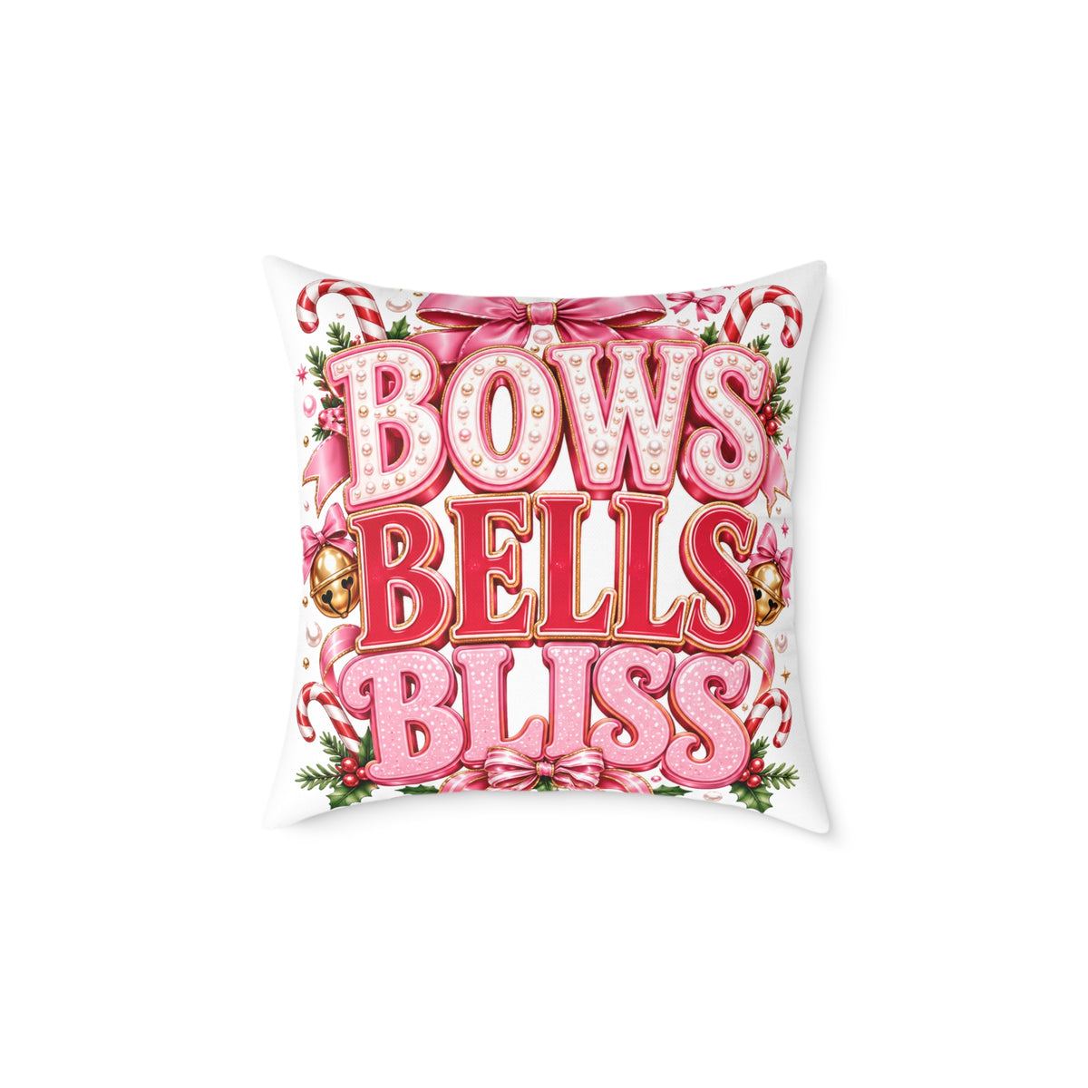 Bows Bells Bliss Modern Day Christmas Square Poly Canvas Pillow