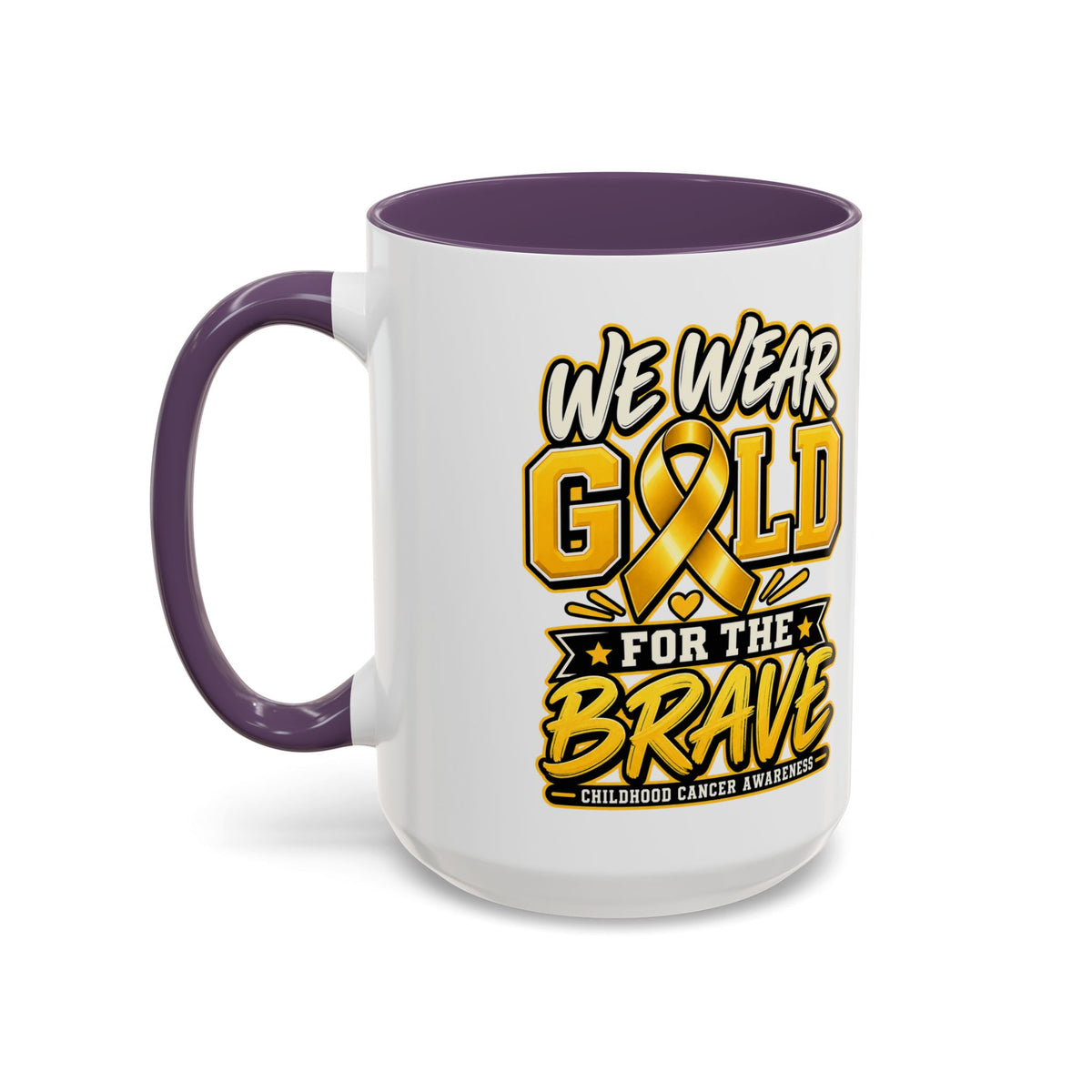 Childhood Cancer Awareness Accent Coffee Mug – "We Wear Gold for the Brave" (11/15 oz)