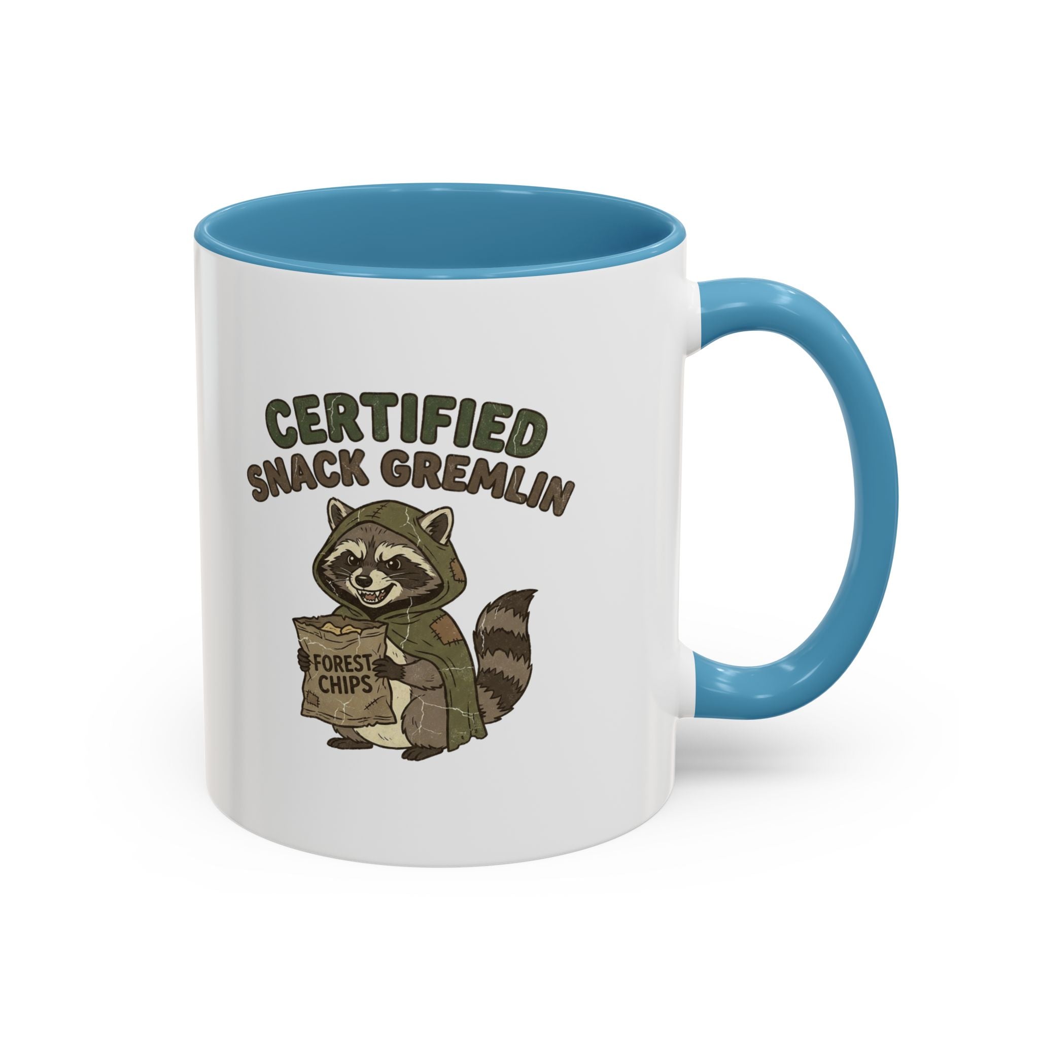 Funny Certified Snack Gremlin Coffee Mug — Cute Raccoon Snack Lover Accent Mug