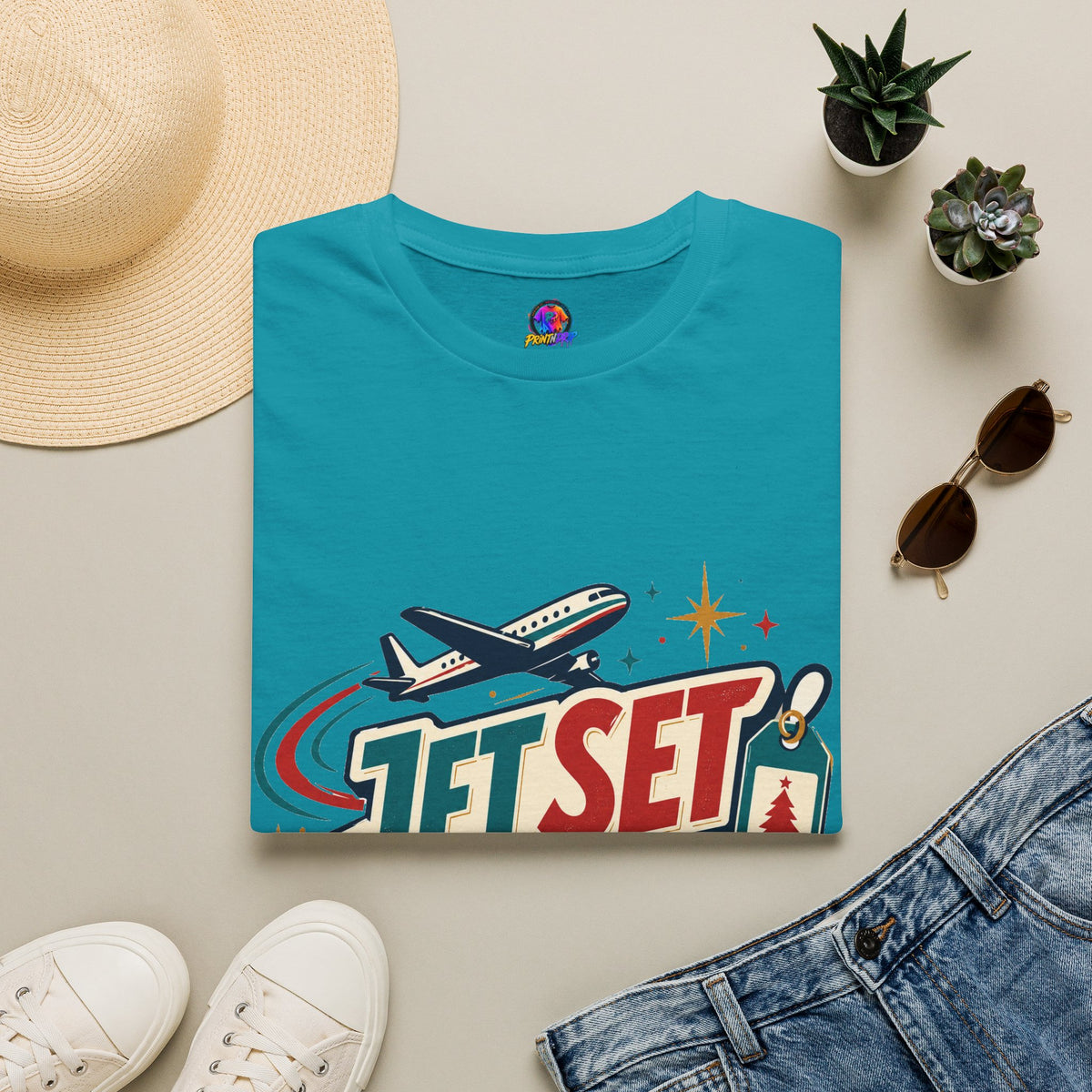 Jet Set Jingle Travel T-Shirt — Retro Airplane Vacation Graphic
