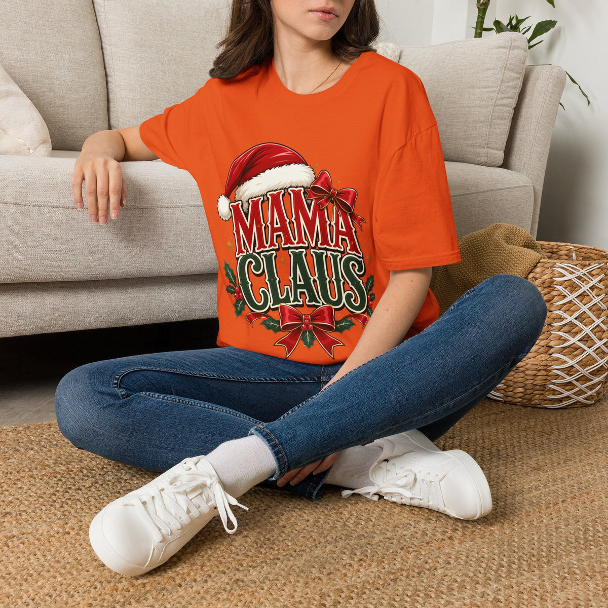 Mama Claus T-Shirt — Festive Christmas Mom Tee with Santa Hat & Bow