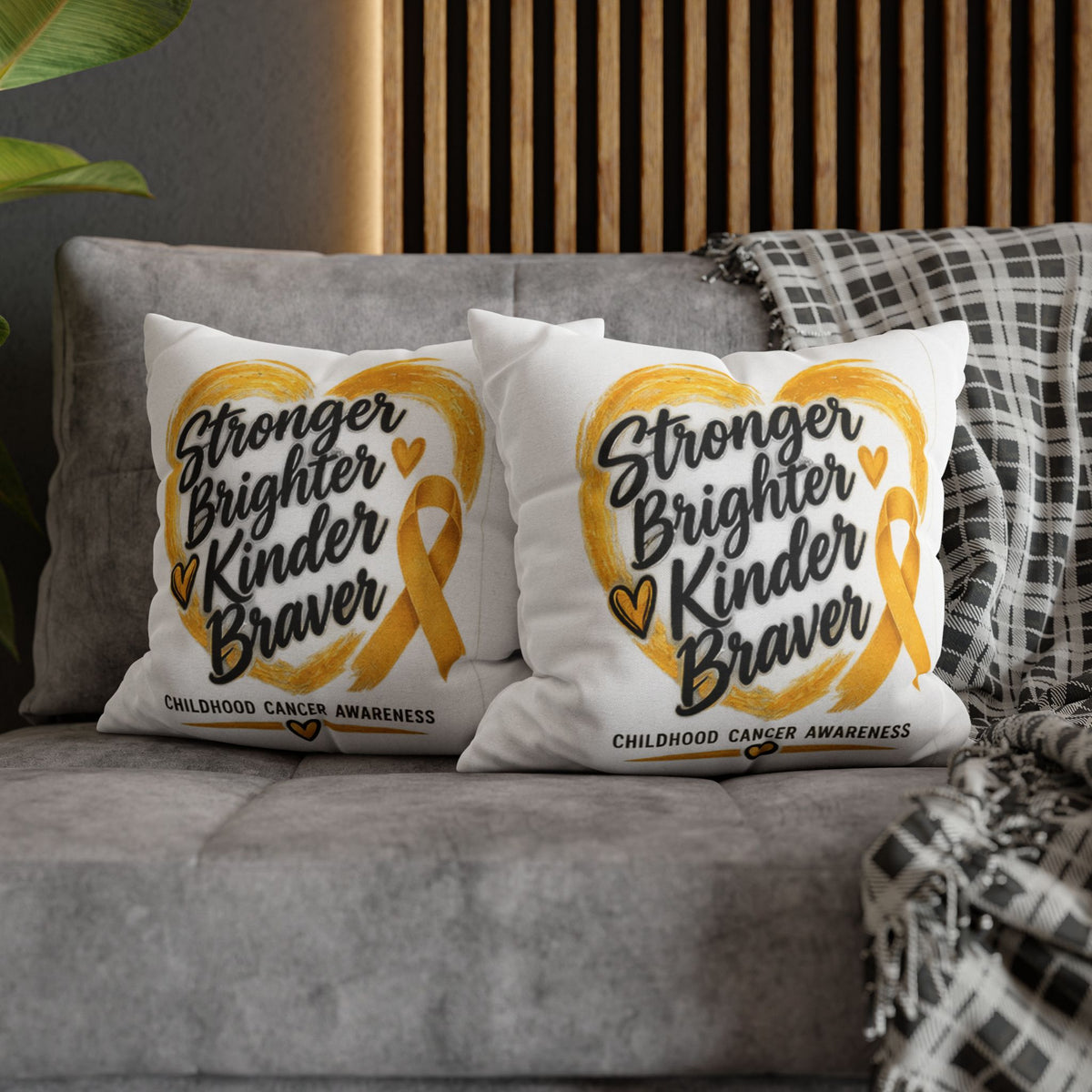 Childhood Cancer Awareness Pillowcase — "Stronger Brighter Kinder Braver" Gold Ribbon