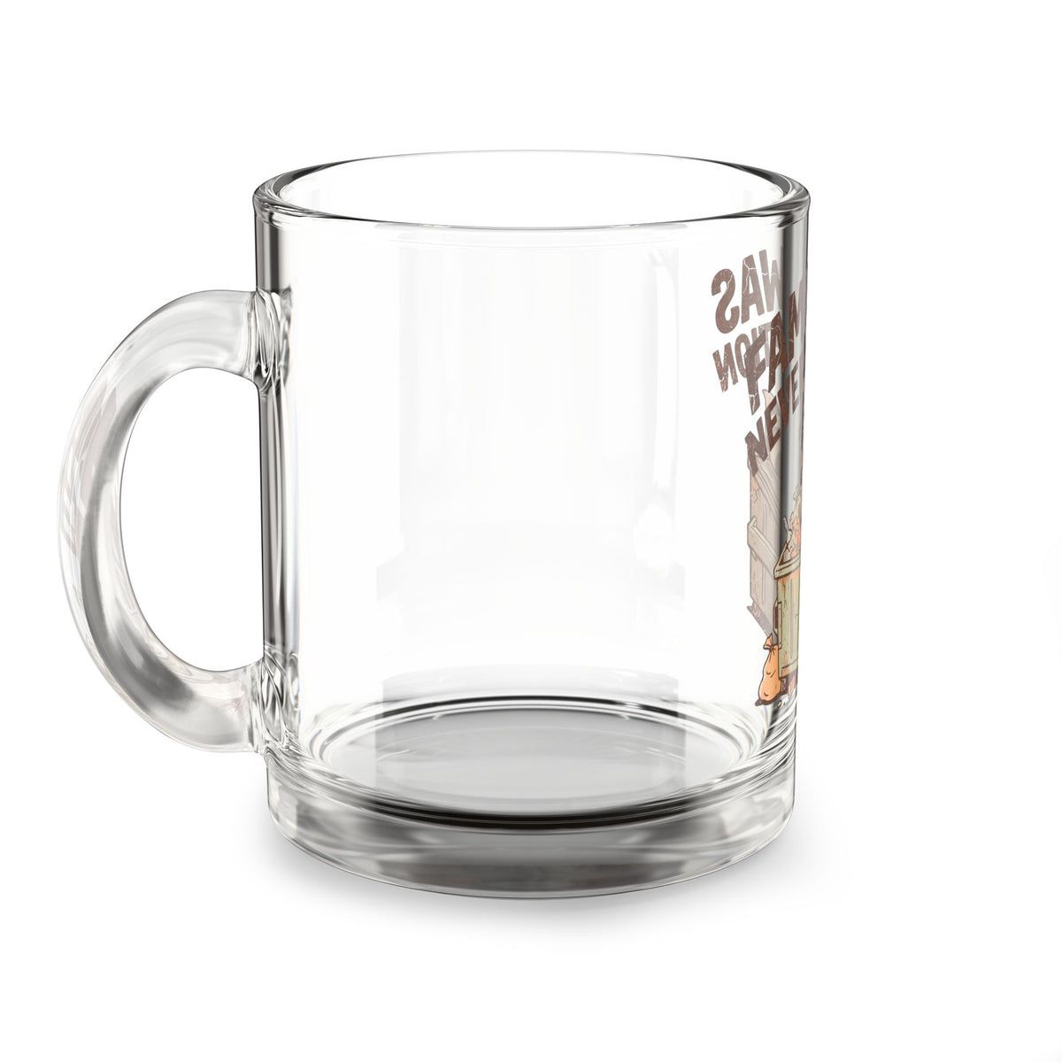 Glass Mug — "Famine Was Never An Option" Raccoon Dumpster Coffee Mug, Funny Cute Gift