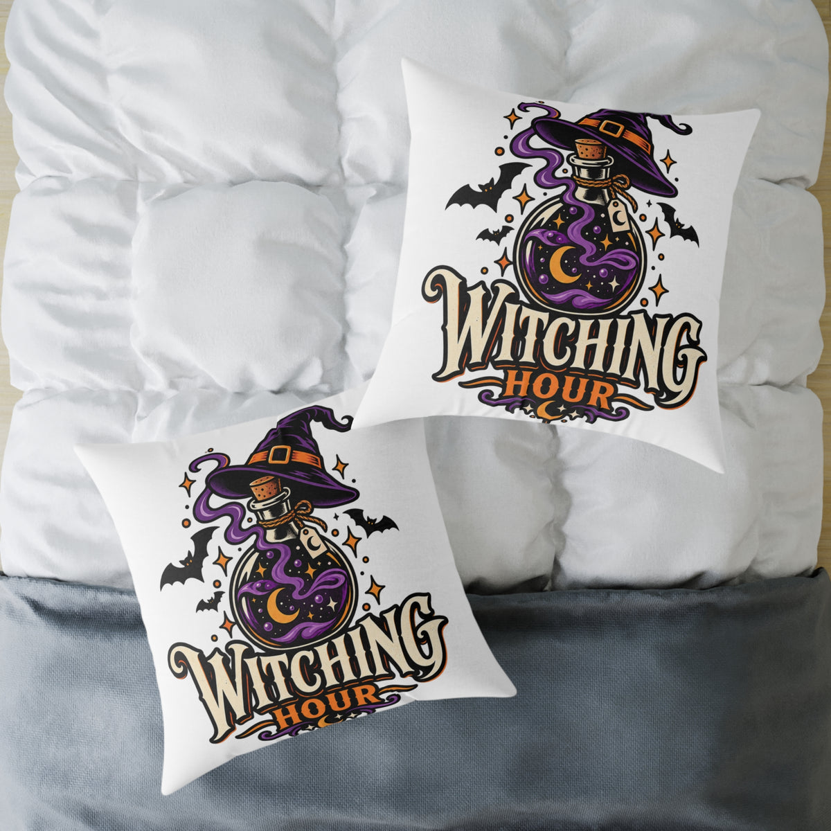 Witching Hour Halloween Decorative Pillow — Witch Hat & Potion Bottle Design