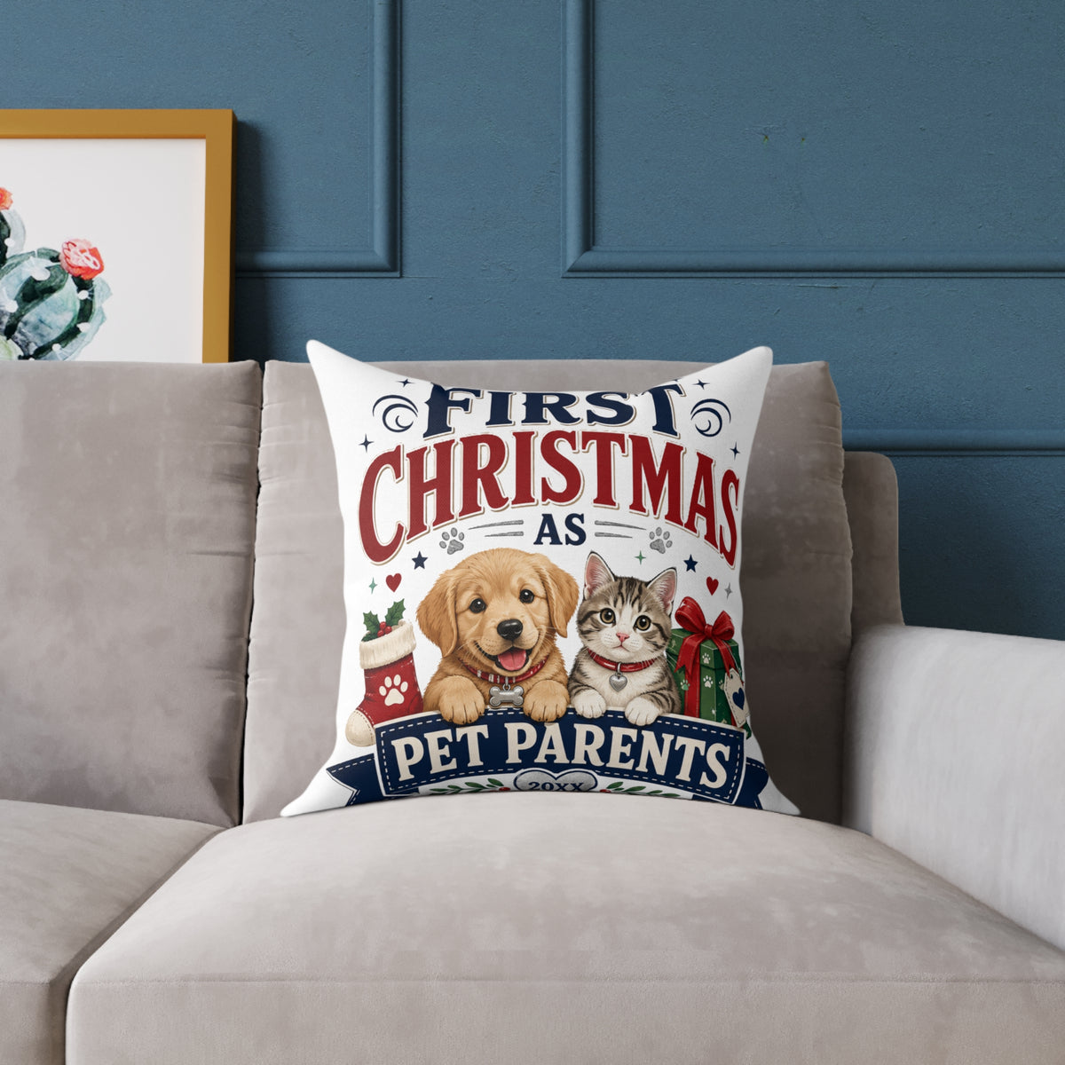 Christmas Square Pillow — "First Christmas as Pet Parents" Holiday Throw Pillow (Dog & Cat)