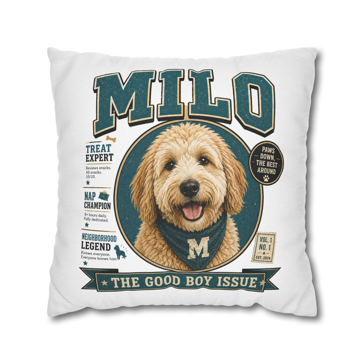 Milo 'The Good Boy Issue' Decorative Pillowcase – Personalized Dog Portrait Accent Pillowcase Milo Bailey Dog Dad Mom