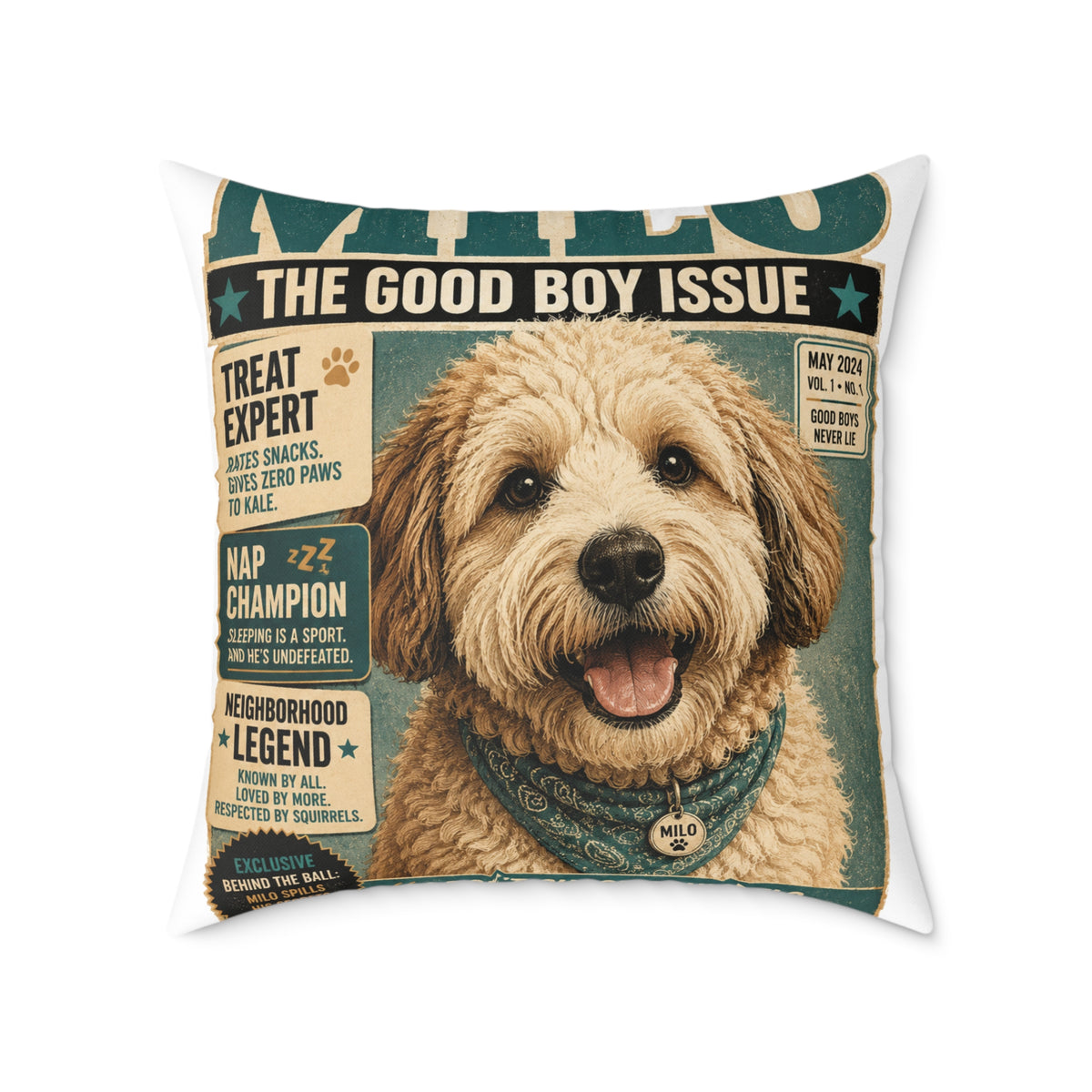 Milo Bailey Dog Dad Mom Square Pillow — 'The Good Boy Issue' Vintage Dog Cover