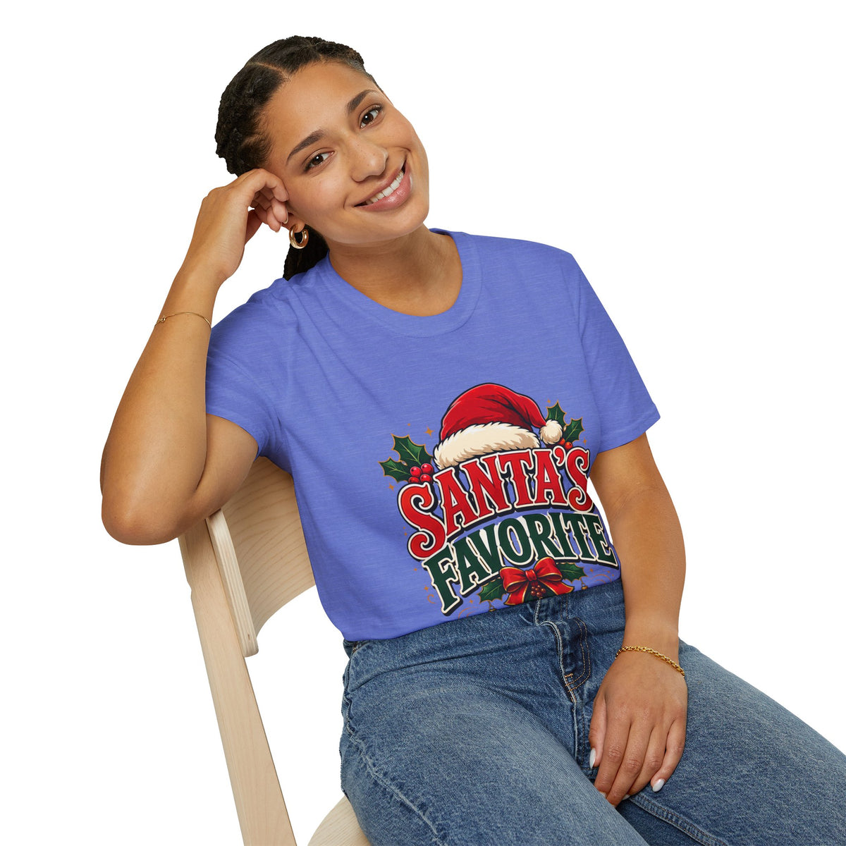 Santa's Favorite T-Shirt — Festive Christmas Tee with Santa Hat & Holly