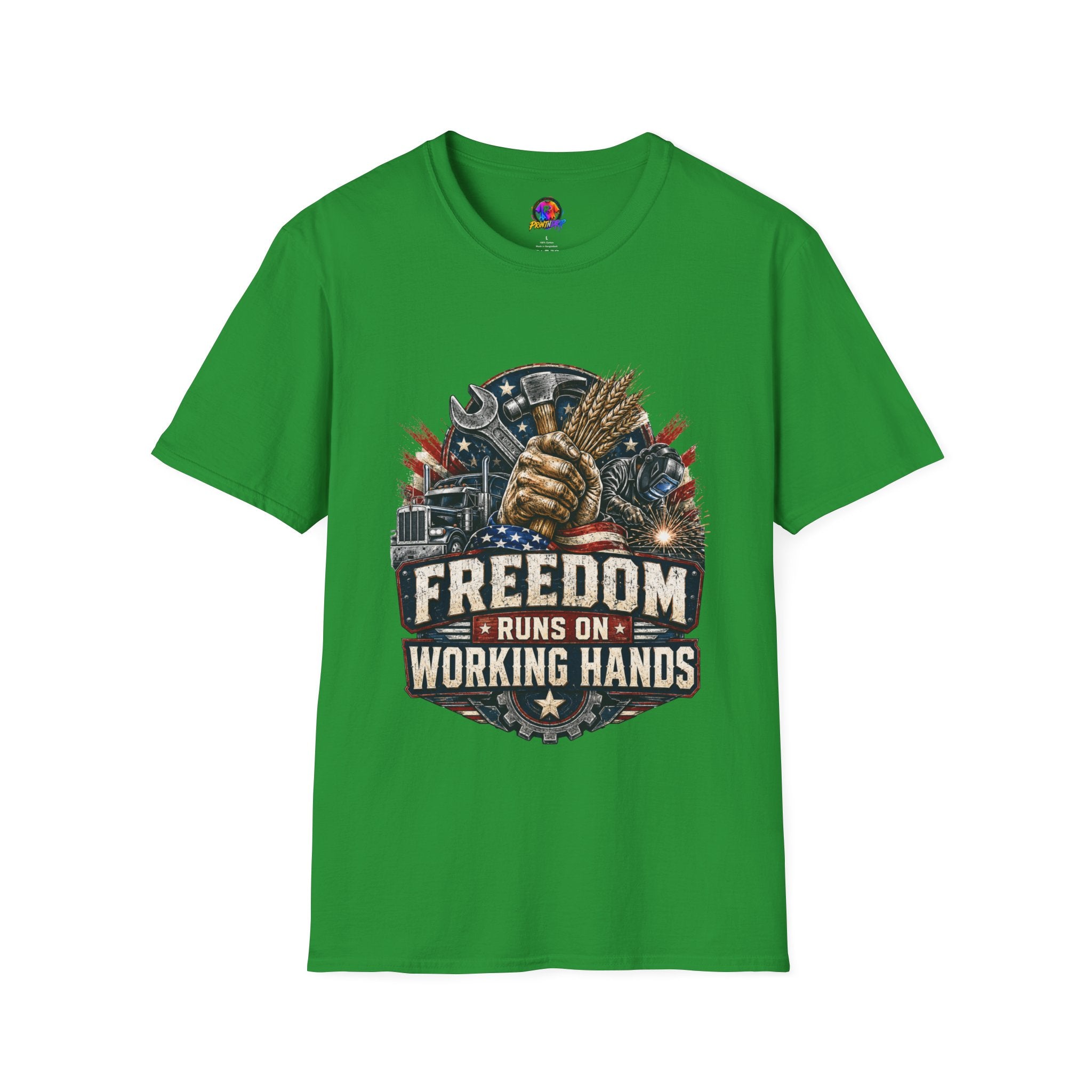 Freedom Runs on Working Hands T-Shirt — Patriotic Mechanic Tool & Wheat Design