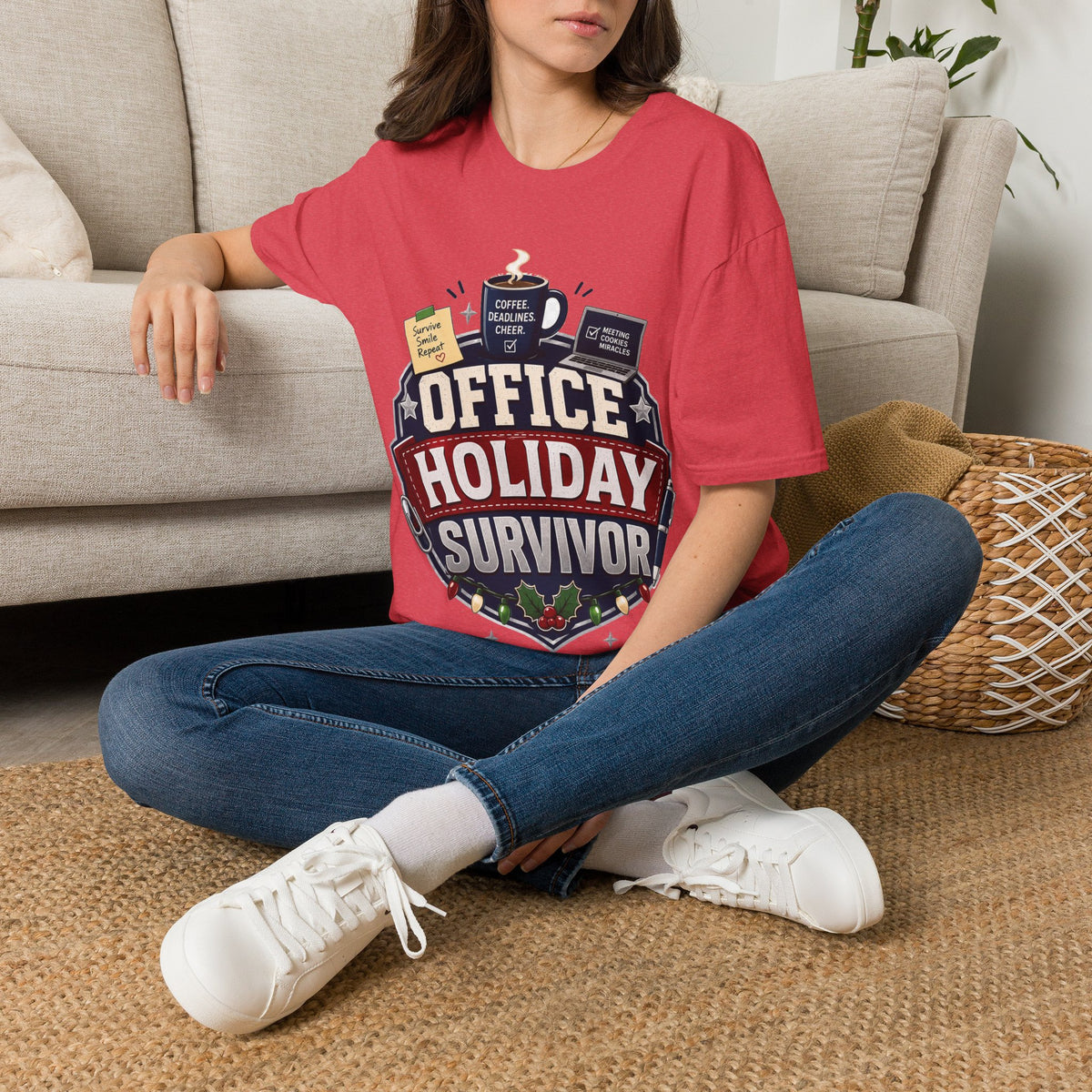 Office Holiday Survivor T-Shirt — Coffee, Deadlines & Cheer Work Shirt