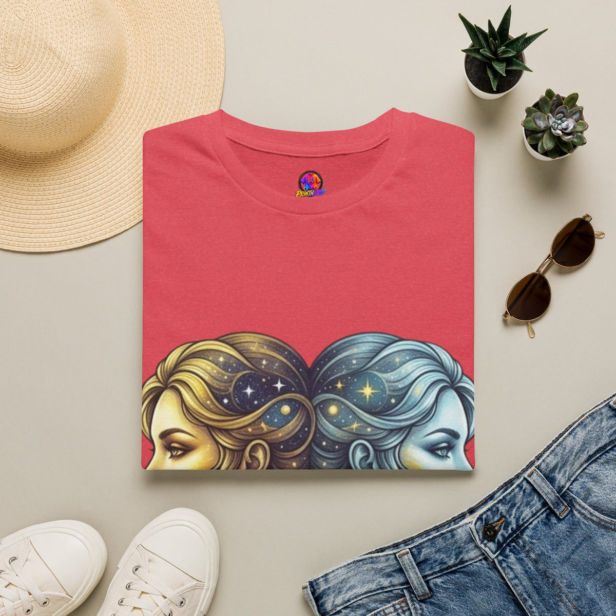 Zodiac Gemini Sun & Moon T-Shirt — Dual Faces Cosmic Design