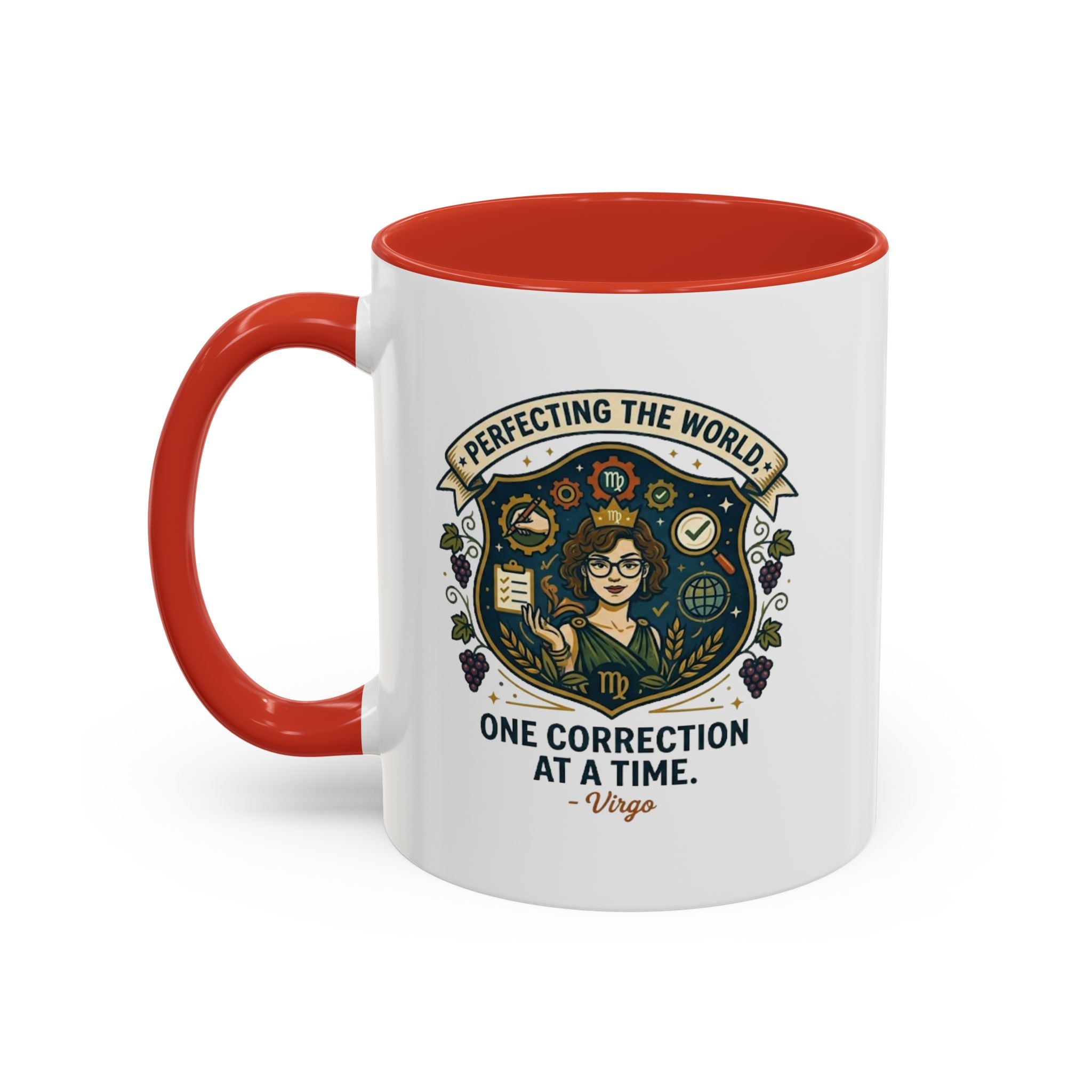 Virgo Coffee Mug — "Perfecting the World: One Correction at a Time" Accent Astrology Gift