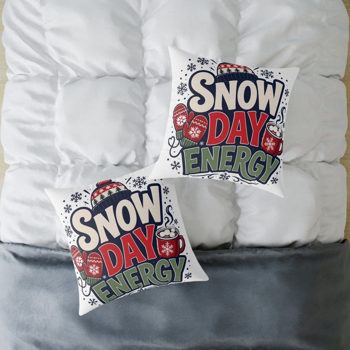 Christmas Snow Day Energy Pillow — Cozy Winter Decorative Throw Pillow with Holiday Mug & Mittens Design