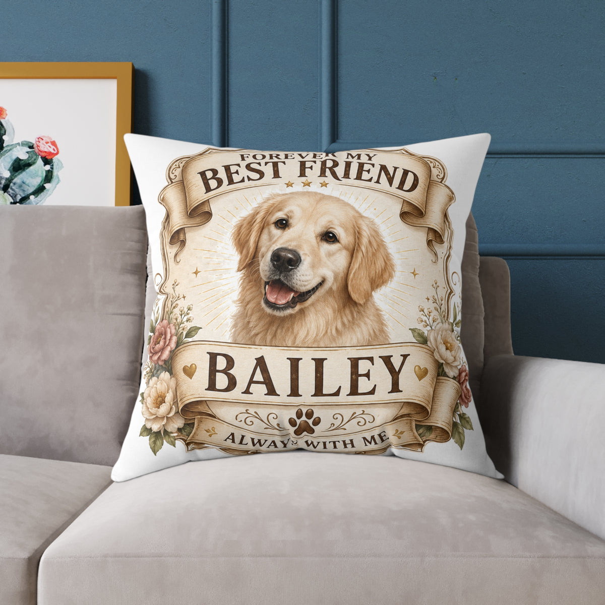 Forever My Best Friend Personalized Dog Milo Bailey Dog Dad Mom Pillow — Golden Retriever Name Cushion (Bailey)
