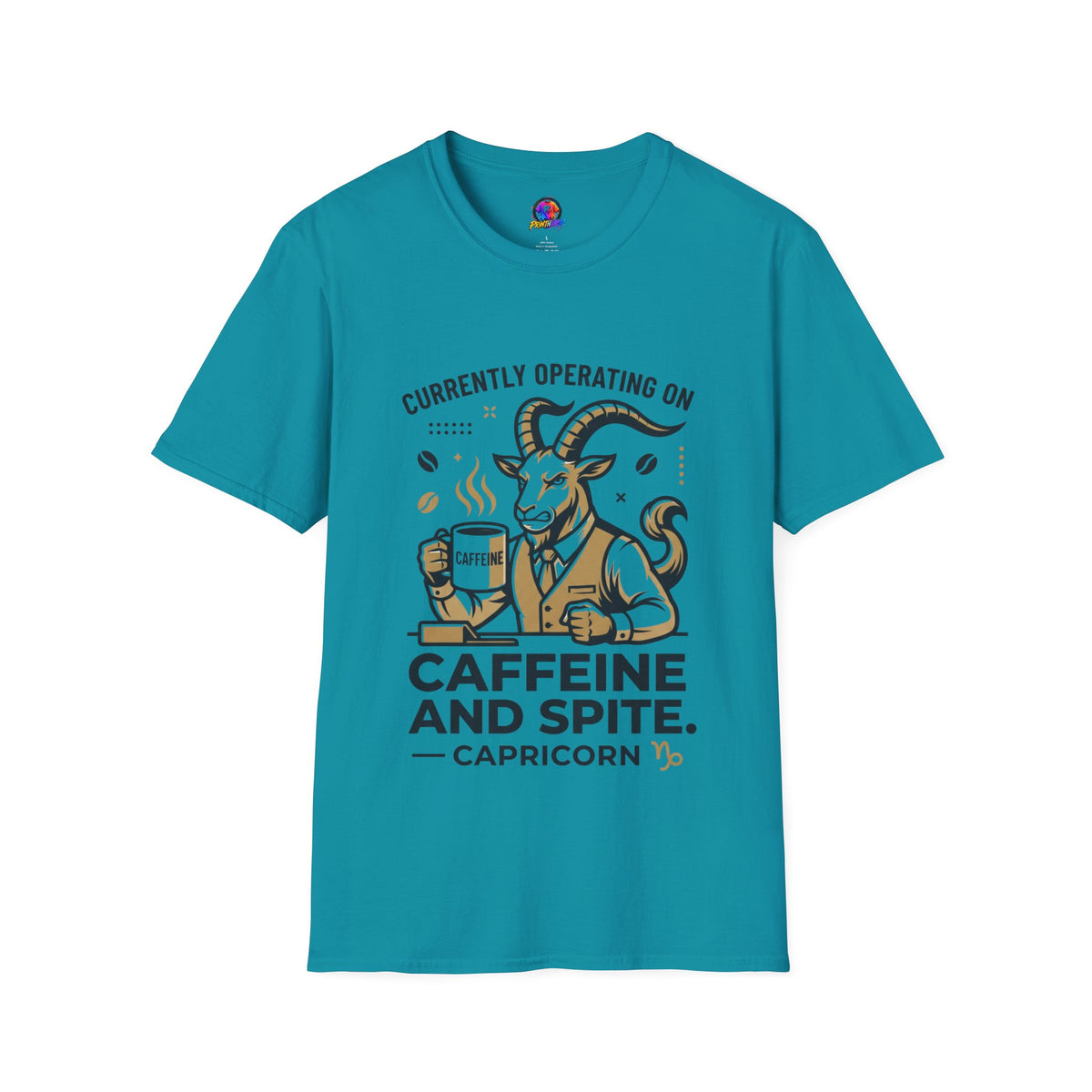 Capricorn T-Shirt — "Currently Operating on Caffeine and Spite" Zodiac Goat Tee