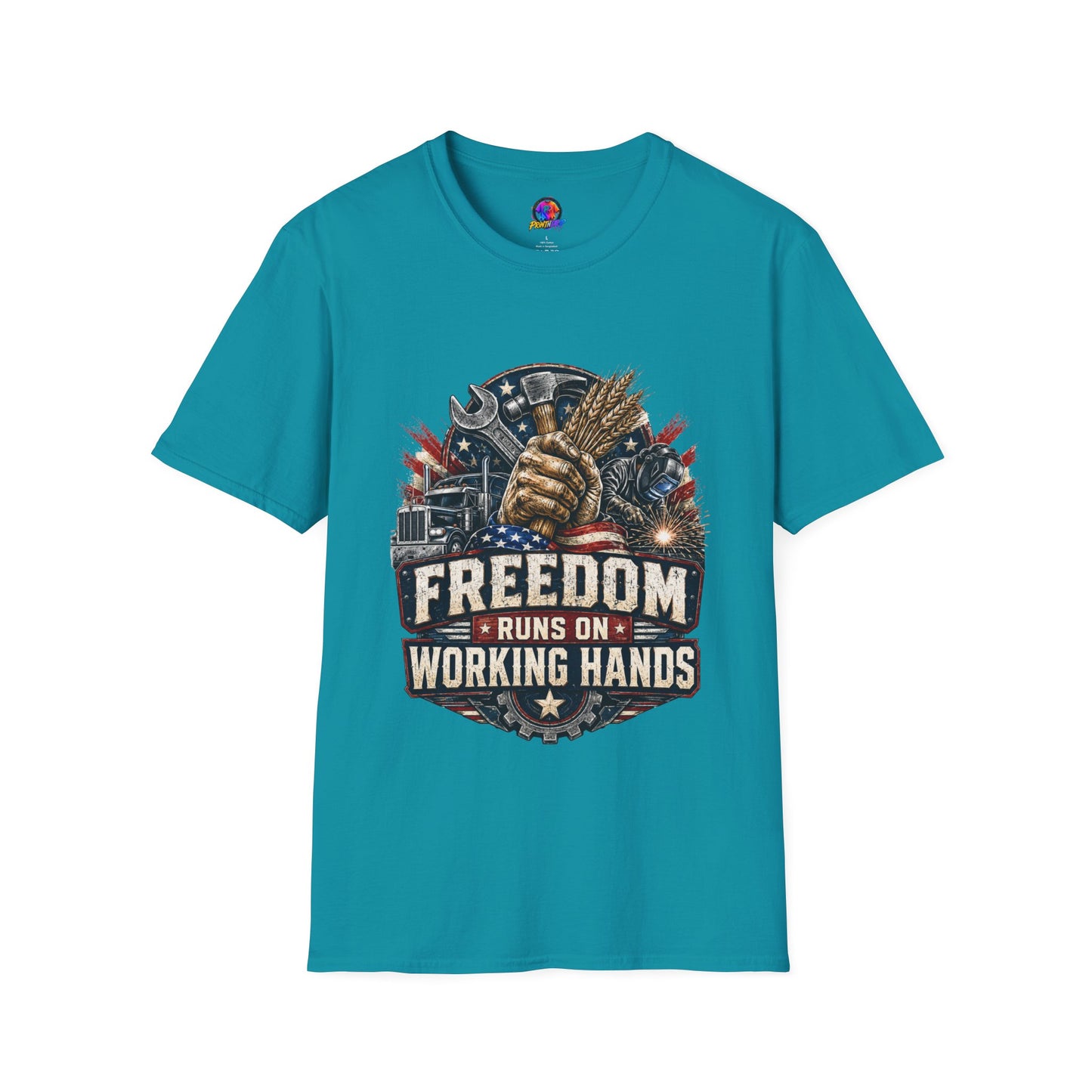 Freedom Runs on Working Hands T-Shirt — Patriotic Mechanic Tool & Wheat Design