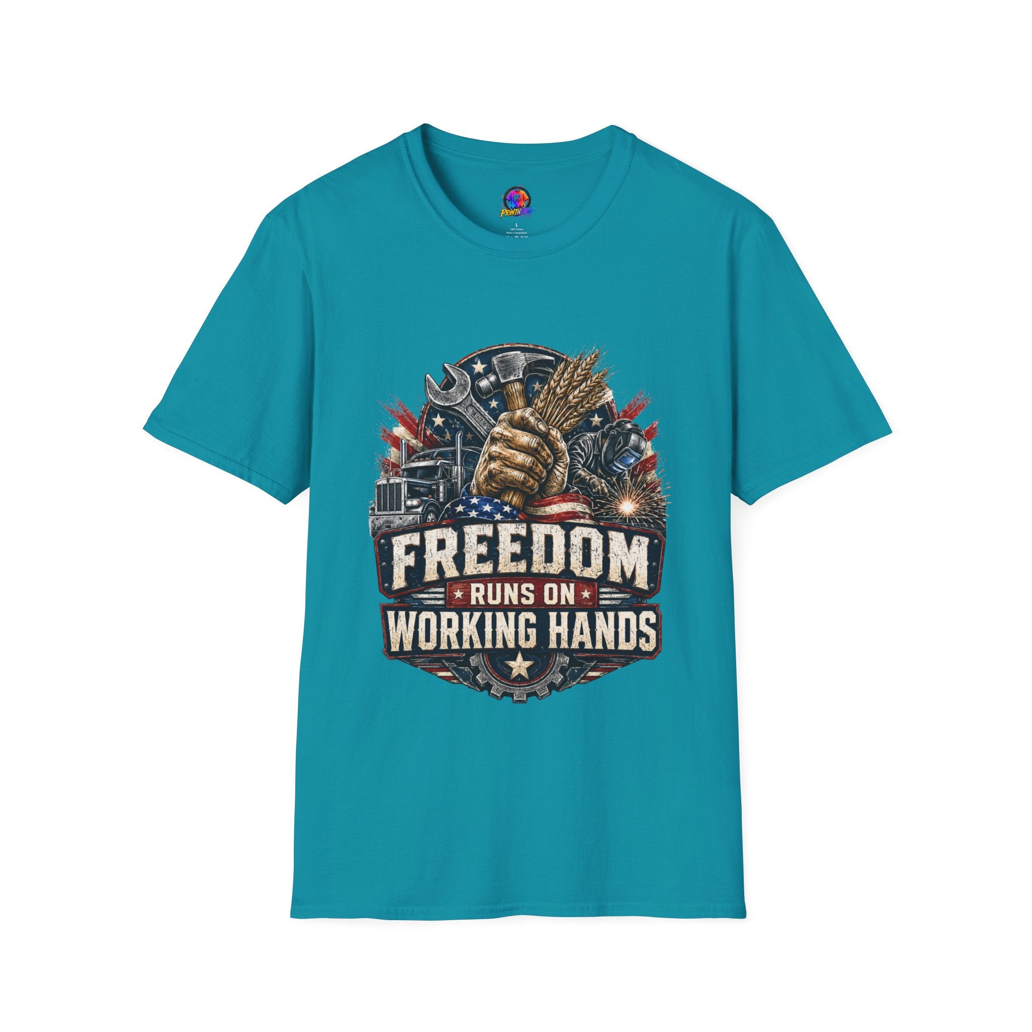 Freedom Runs on Working Hands T-Shirt — Patriotic Mechanic Tool & Wheat Design