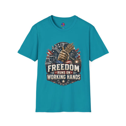 Freedom Runs on Working Hands T-Shirt — Patriotic Mechanic Tool & Wheat Design