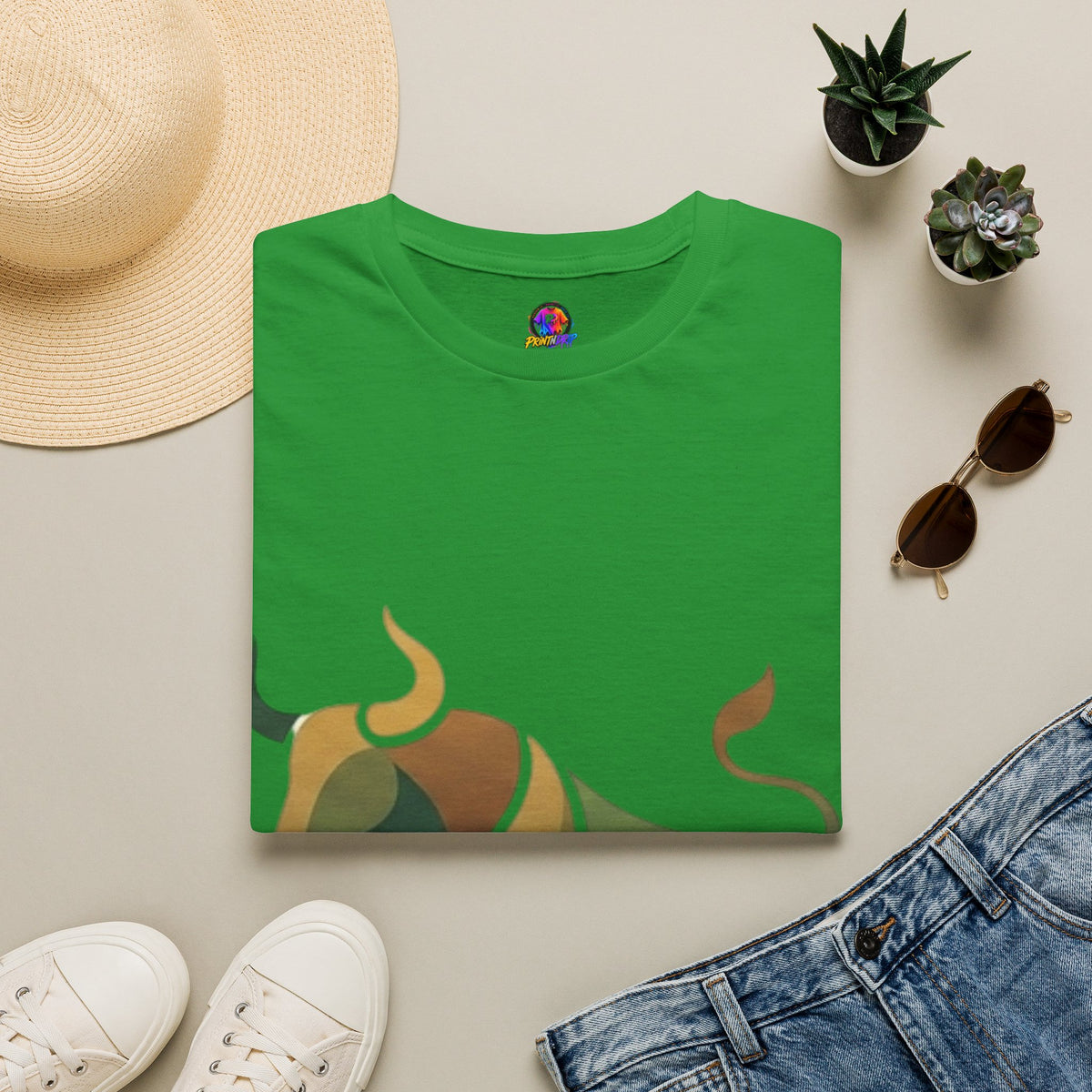 Bull Graphic T-Shirt — Earth Tone Geometric Taurus Design