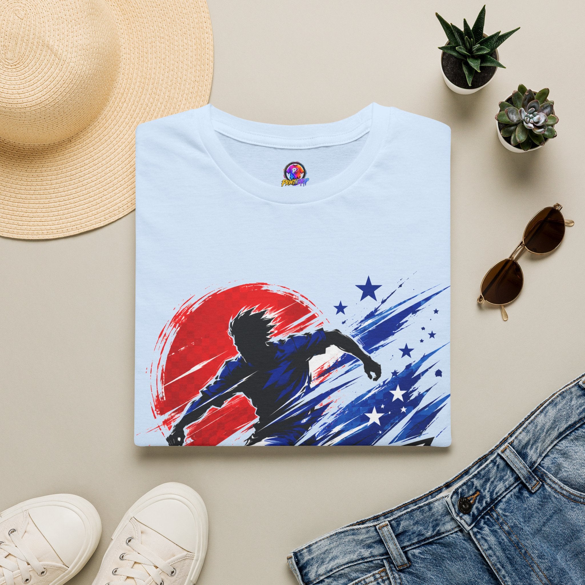 Japan T-Shirt — Blue Blade Soccer Graphic Tee (Red & Blue Starburst)