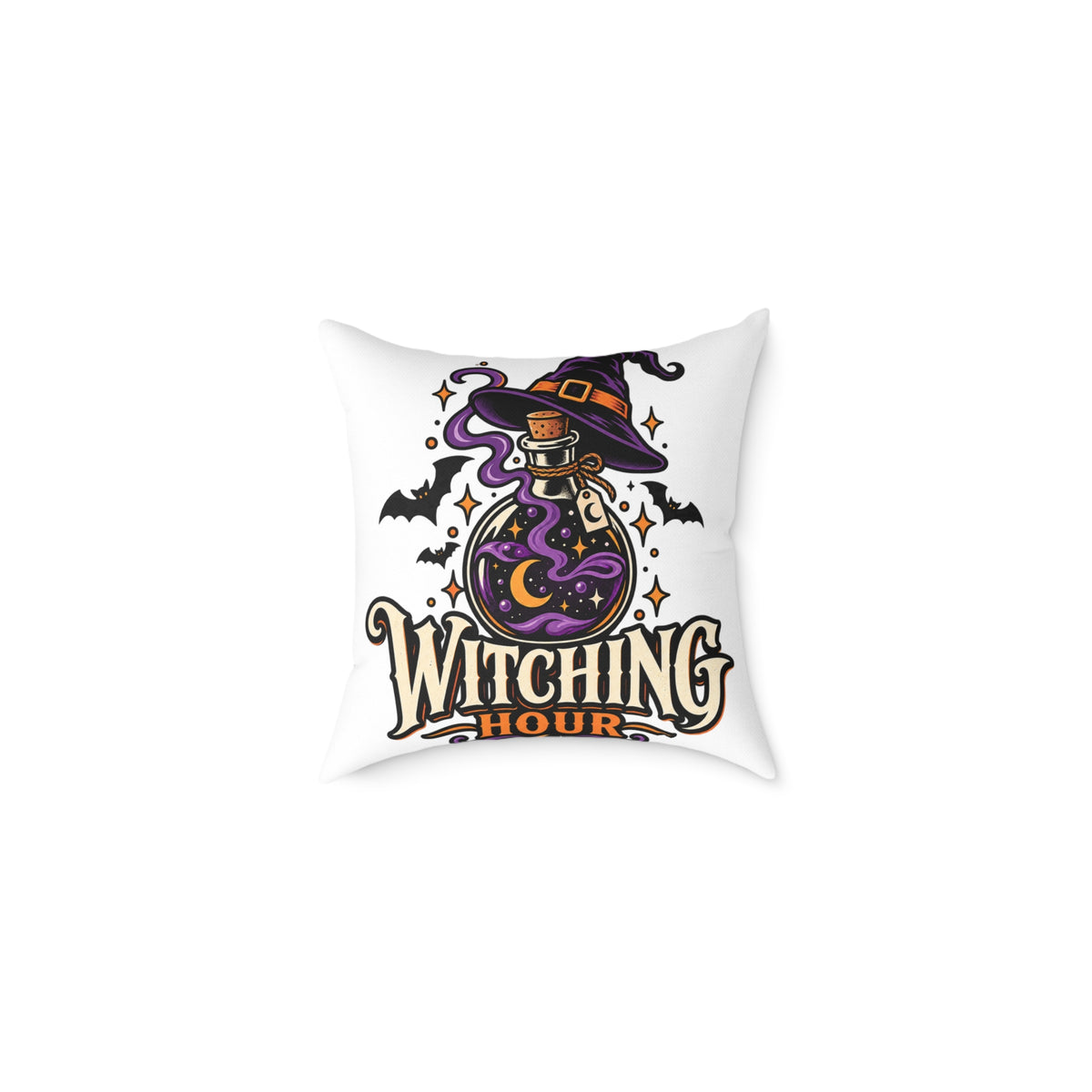 Witching Hour Halloween Decorative Pillow — Witch Hat & Potion Bottle Design